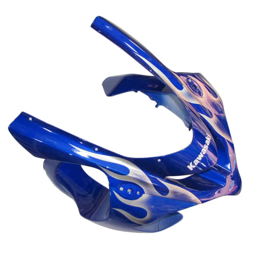 Kawasaki ZX-10R 2004-2005 Blue Silver Flame full fairing kit component layout with logos