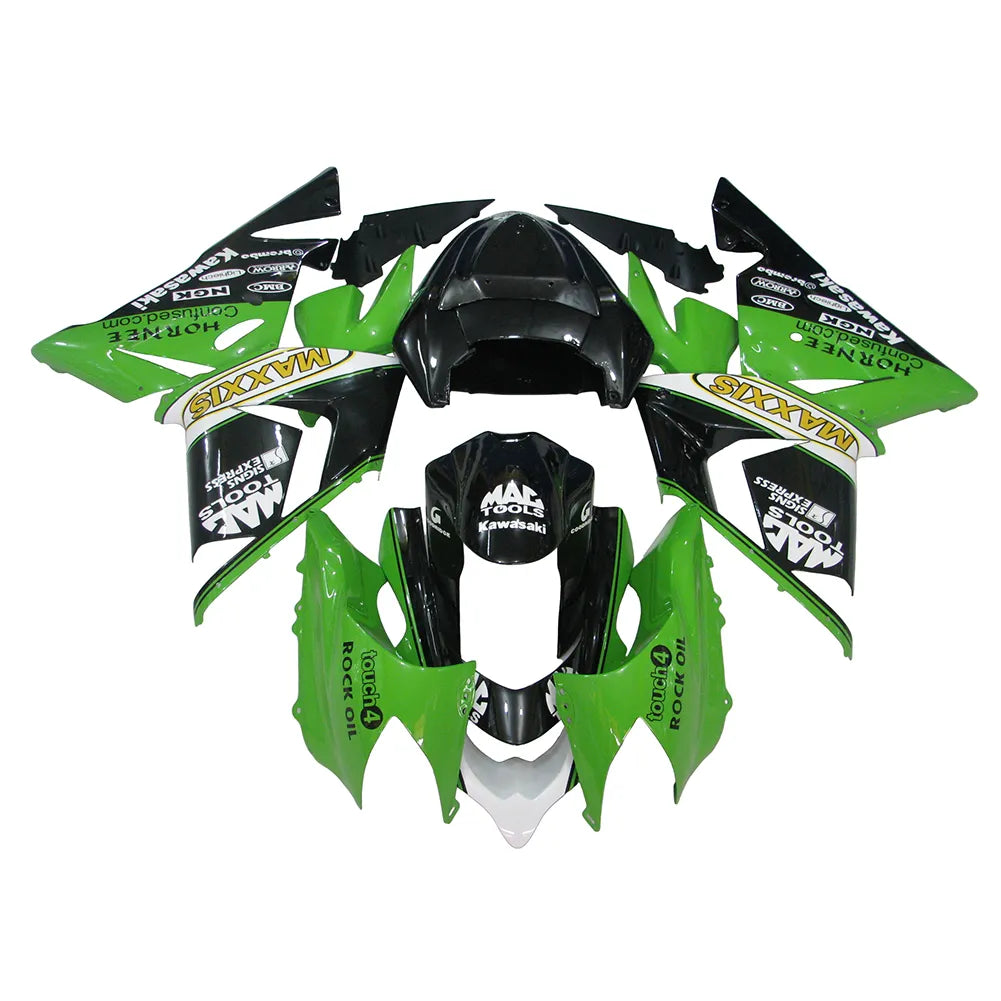 Kawasaki ZX-10R 2004-2005 Green Black White full fairing kit component layout with logos