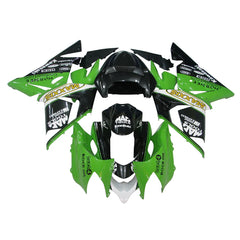 Kawasaki ZX-10R 2004-2005 Green Black White full fairing kit component layout with logos