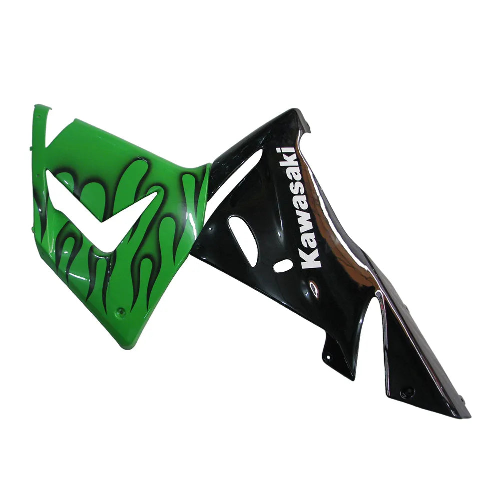 Kawasaki ZX-10R 2004-2005 Green Black Flame fuel tank cover top view with logos
