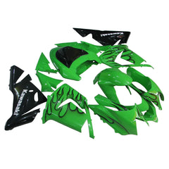 Kawasaki ZX-10R 2004-2005 Green Black Flame fairing kit side layout with logos-image 2