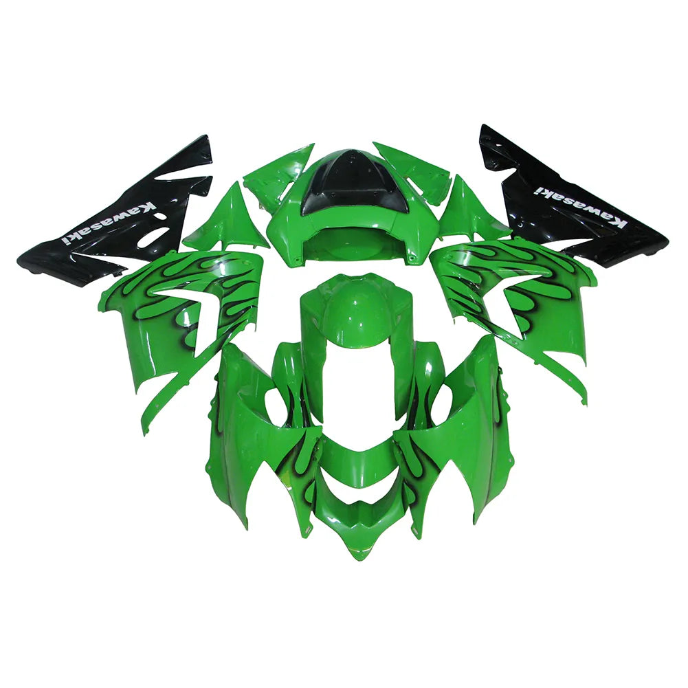 Kawasaki ZX-10R 2004-2005 Green Black Flame fairing kit side layout with logos-image 1