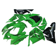 Kawasaki ZX-10R 2004-2005 Green Black Flame full fairing kit front layout with logos