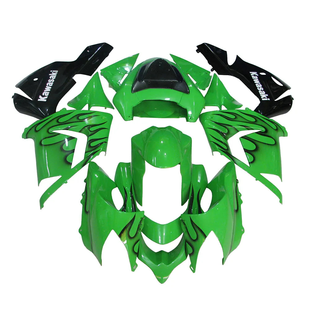 Kawasaki ZX-10R 2004-2005 Green Black Flame full fairing kit component layout with logos