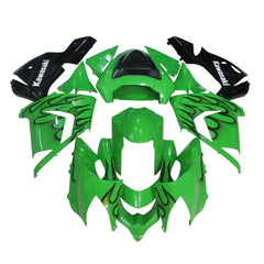 Kawasaki ZX-10R 2004-2005 Green Black Flame full fairing kit component layout with logos