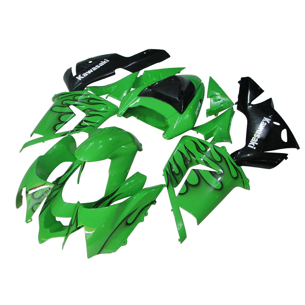 Kawasaki ZX-10R 2004-2005 Green Black Flame fairing kit side layout with logos-image 4