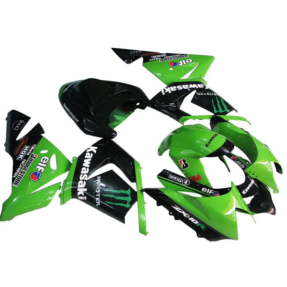 Kawasaki ZX-10R 2004-2005 Green Black Green Claw Style A full fairing kit front layout with logos