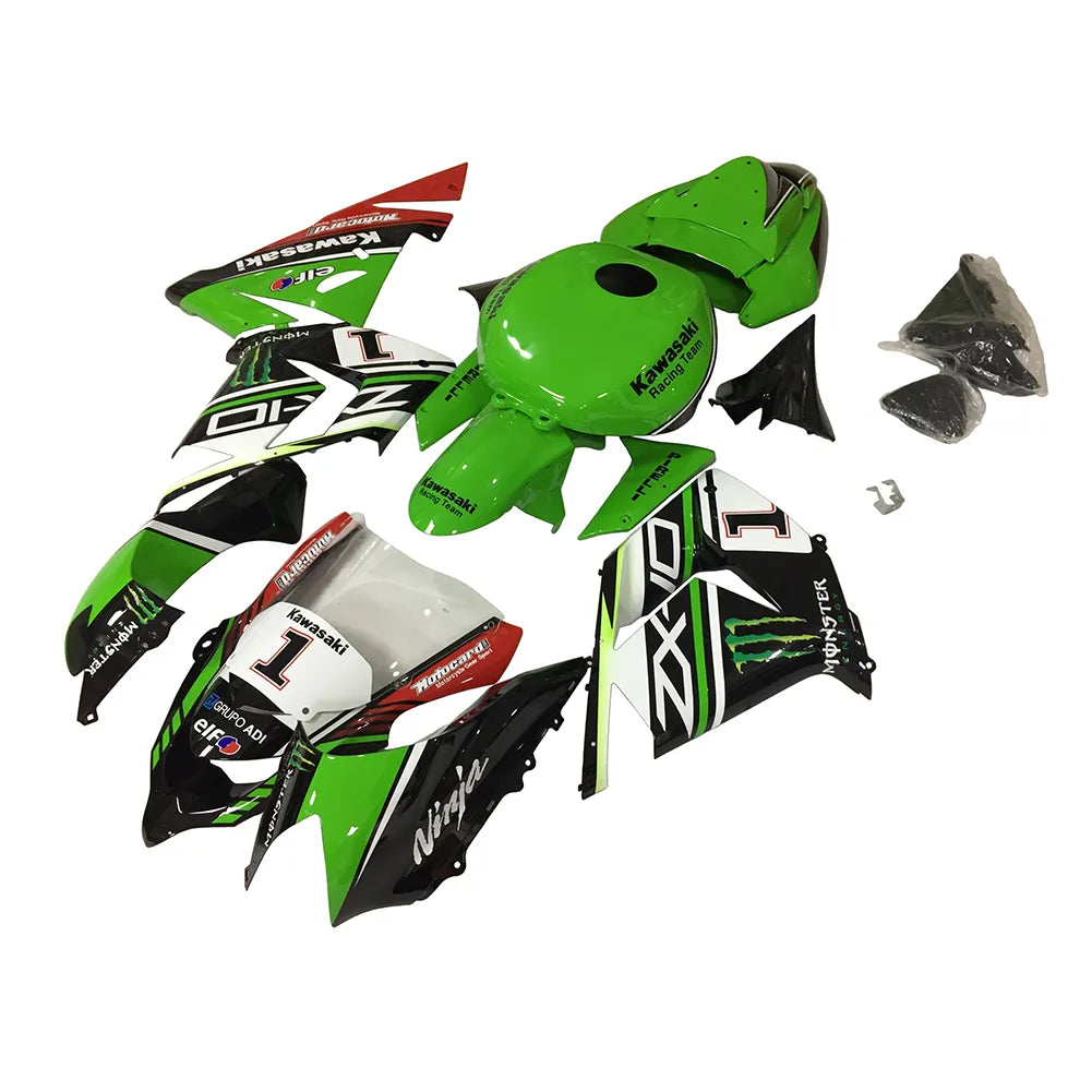 Kawasaki ZX-10R 2004-2005 Green Black Green Claw Style B fairing kit side layout with logos-image 2