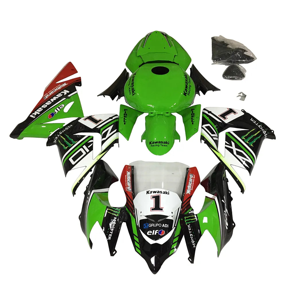 Kawasaki ZX-10R 2004-2005 Green Black Green Claw Style B fairing kit side layout with logos-image 1
