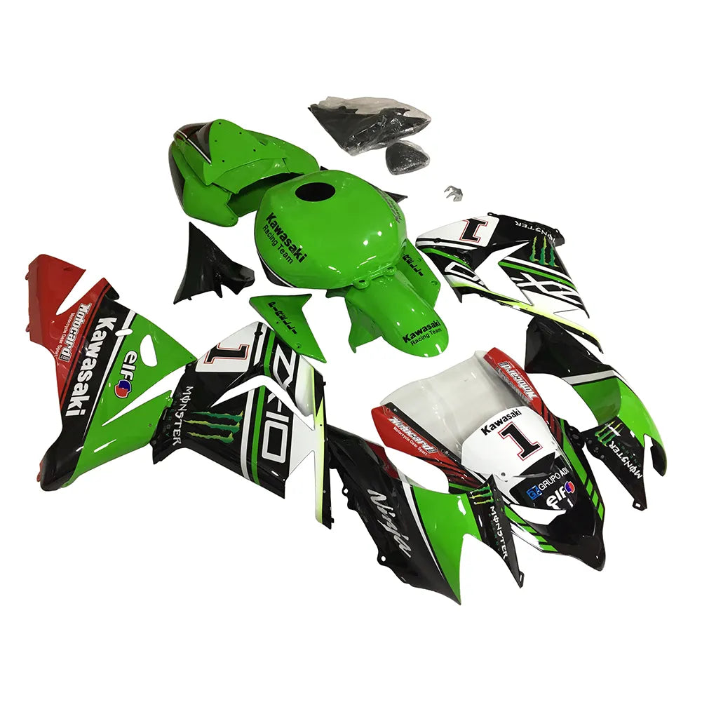 Kawasaki ZX-10R 2004-2005 Green Black Green Claw Style B full fairing kit front layout with logos