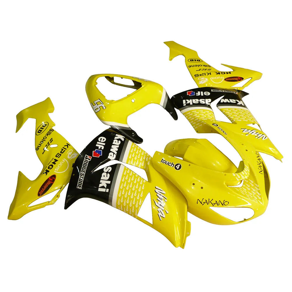 Kawasaki ZX-10R 2006-2007 Yellow Black White Raindrop full fairing kit component layout with logos