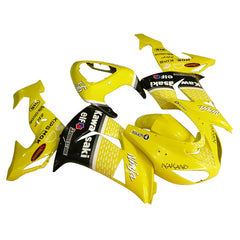 Kawasaki ZX-10R 2006-2007 Yellow Black White Raindrop full fairing kit component layout with logos