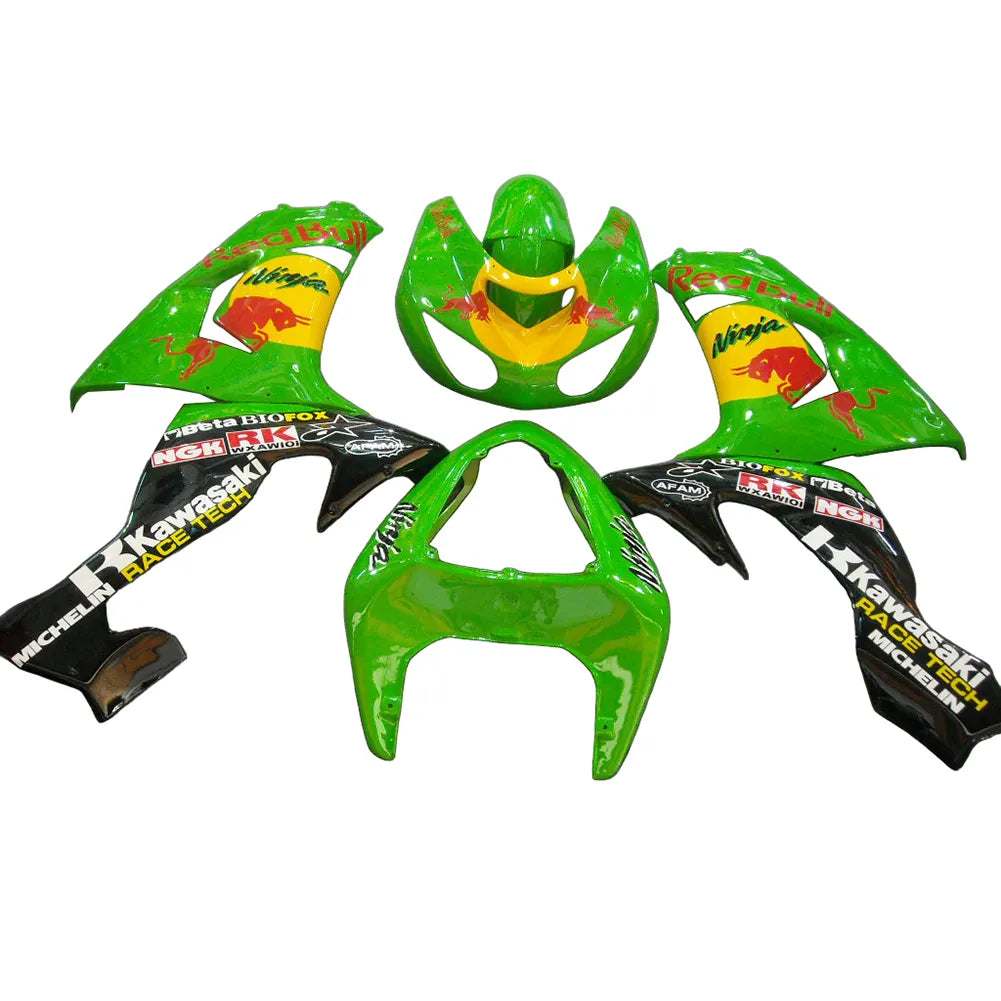 Kawasaki ZX-10R 2006-2007 Green Yellow Red Bull Edition full fairing kit component layout with logos