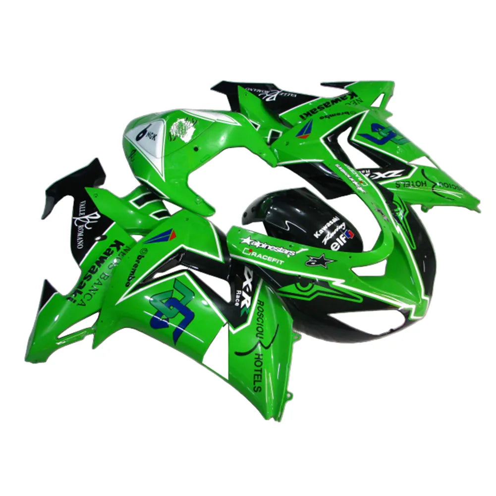 Kawasaki ZX-10R 2006-2007 Green Black Style A full fairing kit component layout with logos