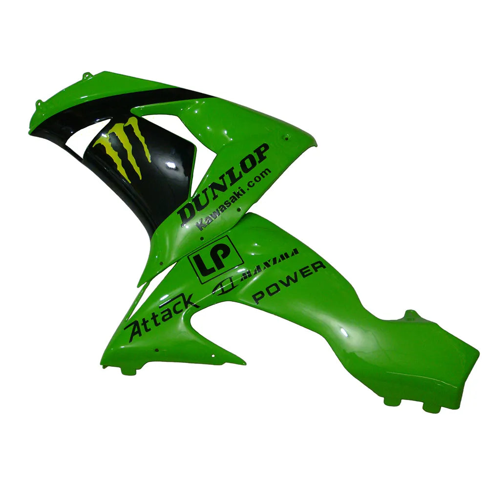 Kawasaki ZX-10R 2006-2007 Green Black Yellow Claw full fairing kit component layout with logos