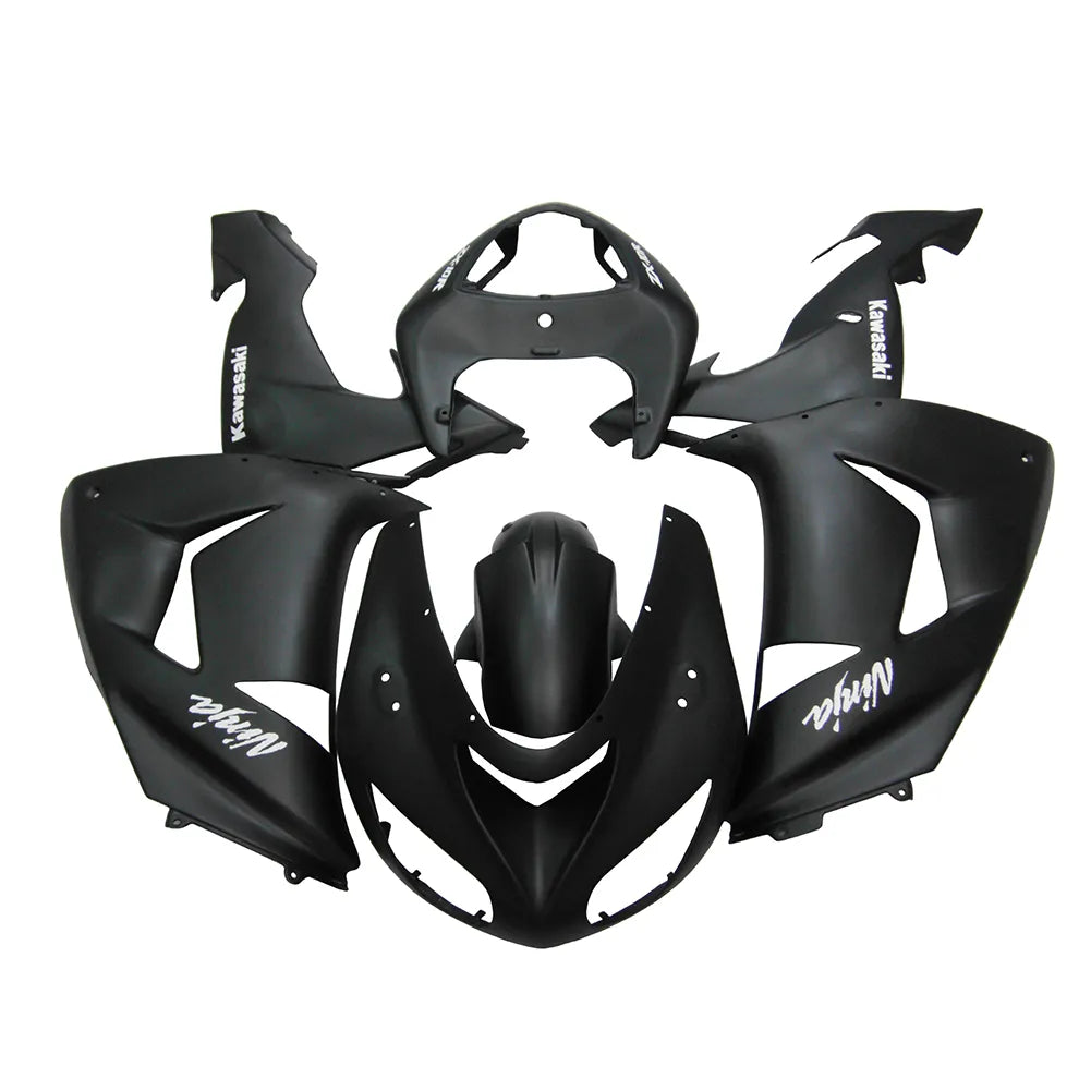 Kawasaki ZX-10R 2006-2007 Matte Black full fairing kit component layout with logos