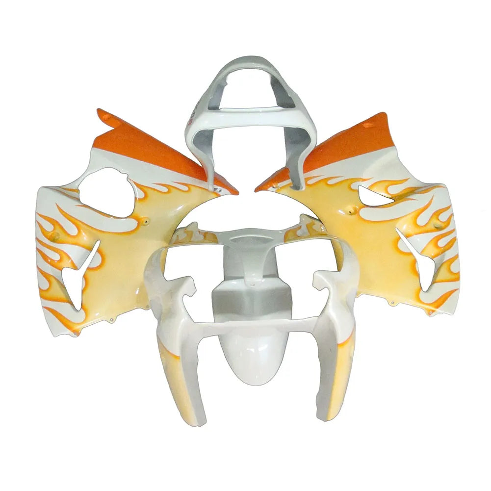 Kawasaki ZX-6R / 636 2000-2002 Orange, White, and Flame fairing kit front view