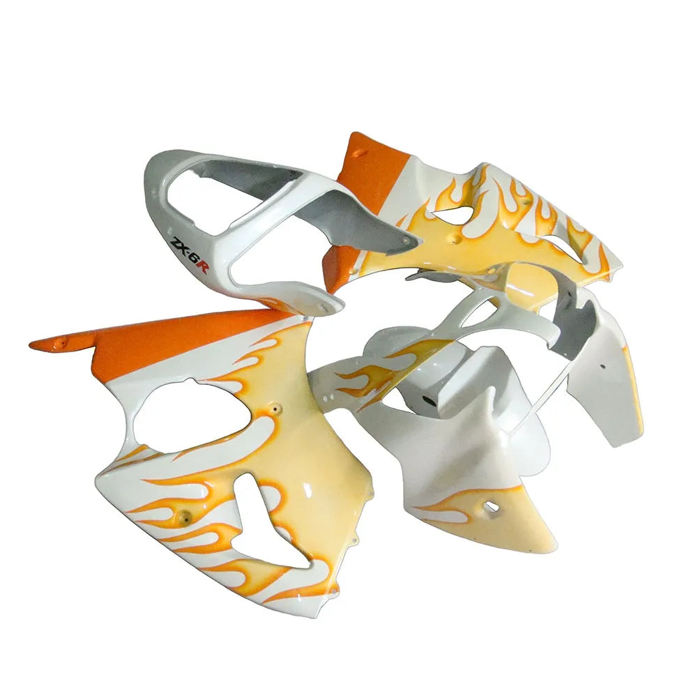 Kawasaki ZX-6R / 636 2000-2002 Orange, White, and Flame fairing kit left side view