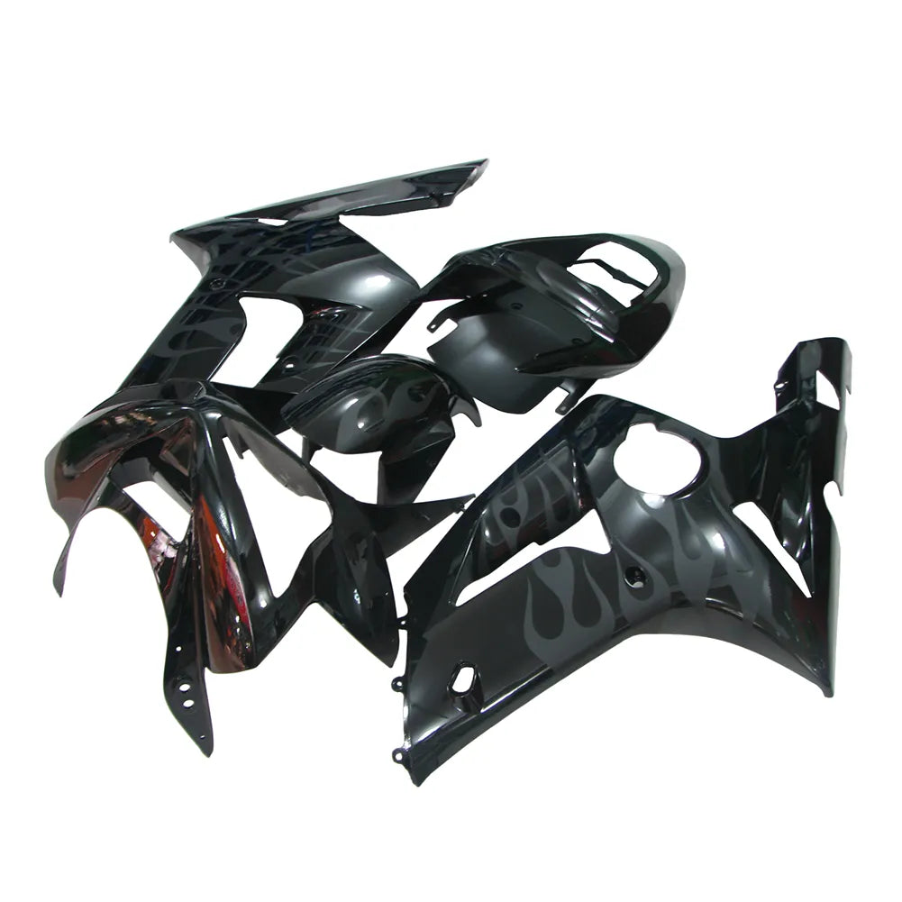 Kawasaki ZX-6R / 636 2003-2004 Gloss Black Matte Flame full fairing kit set view