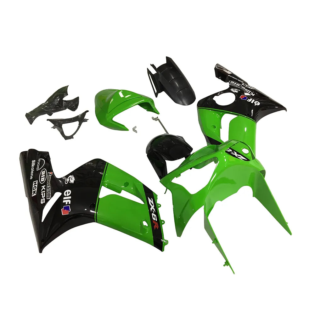 Kawasaki ZX-6R / 636 2003-2004 Green and Black without Logos full fairing kit set view
