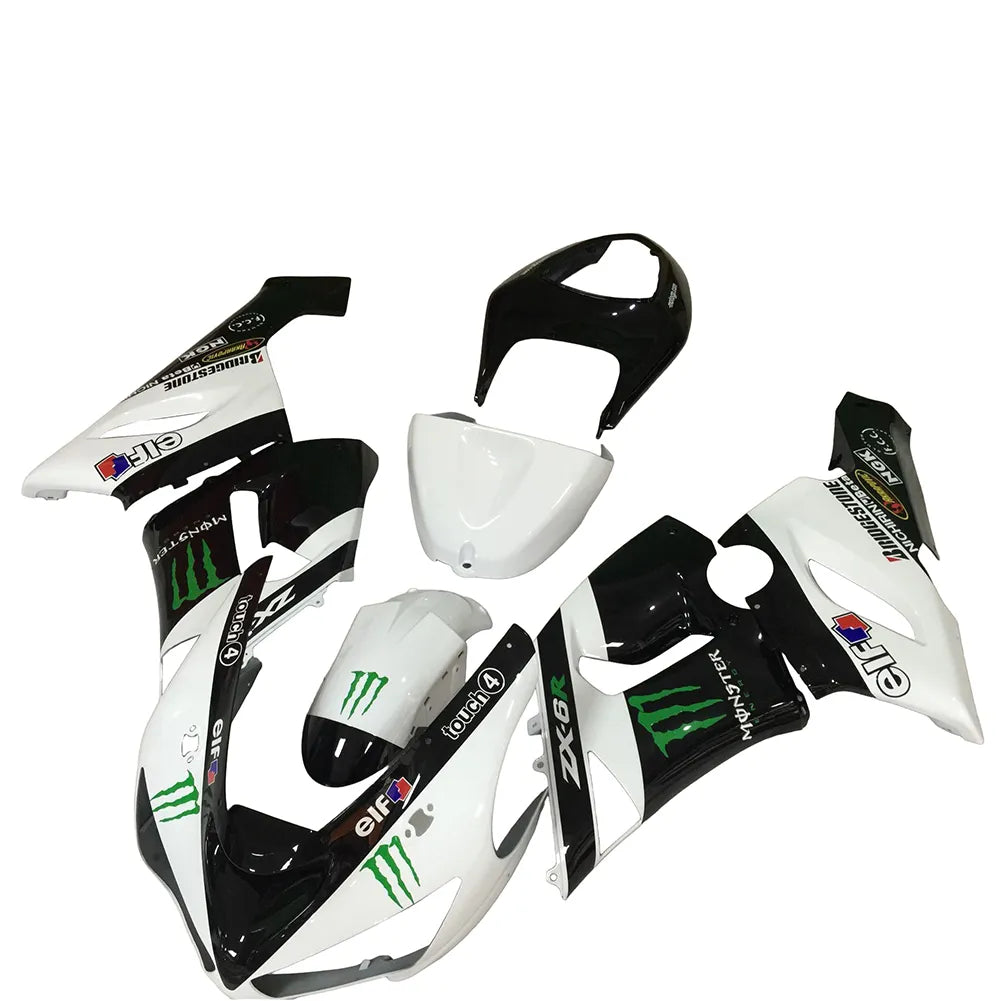 Kawasaki ZX-6R / 636 2005-2006 Black, White, and Green Monster Edition without Logos fairing kit front view