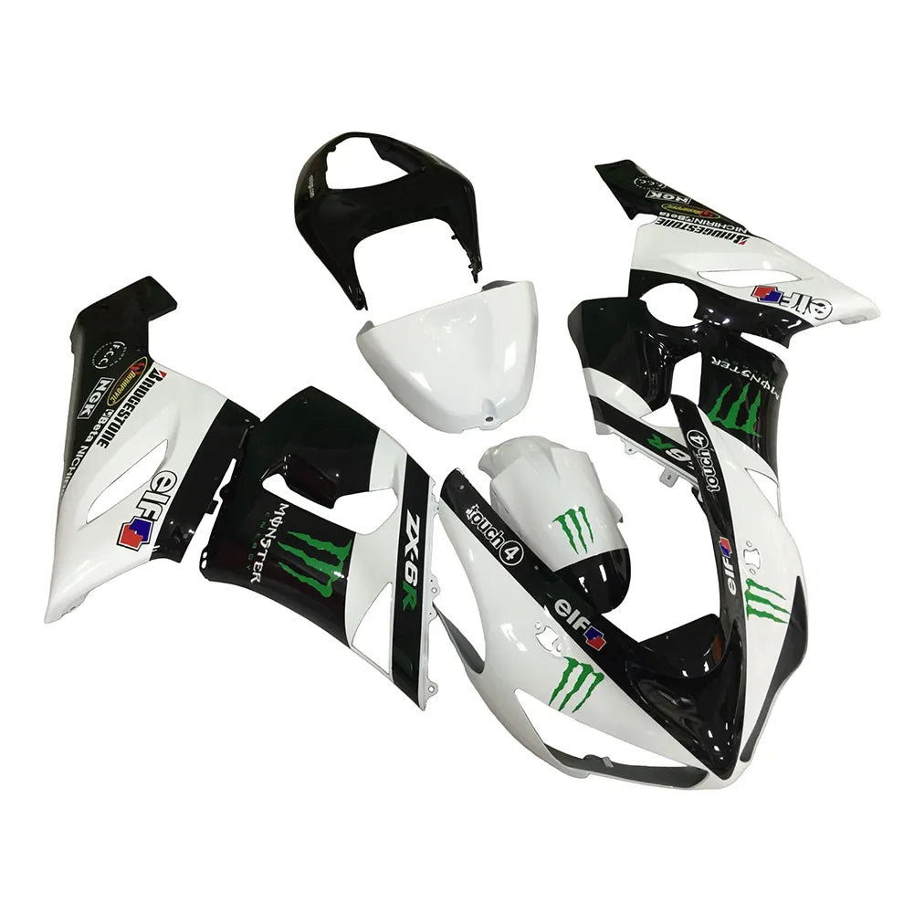 Kawasaki ZX-6R / 636 2005-2006 Black, White, and Green Monster Edition without Logos fairing kit left side view