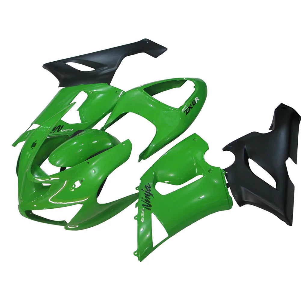 Kawasaki ZX-6R / 636 2005-2006 Matte Black and Green Lettered full fairing kit set view