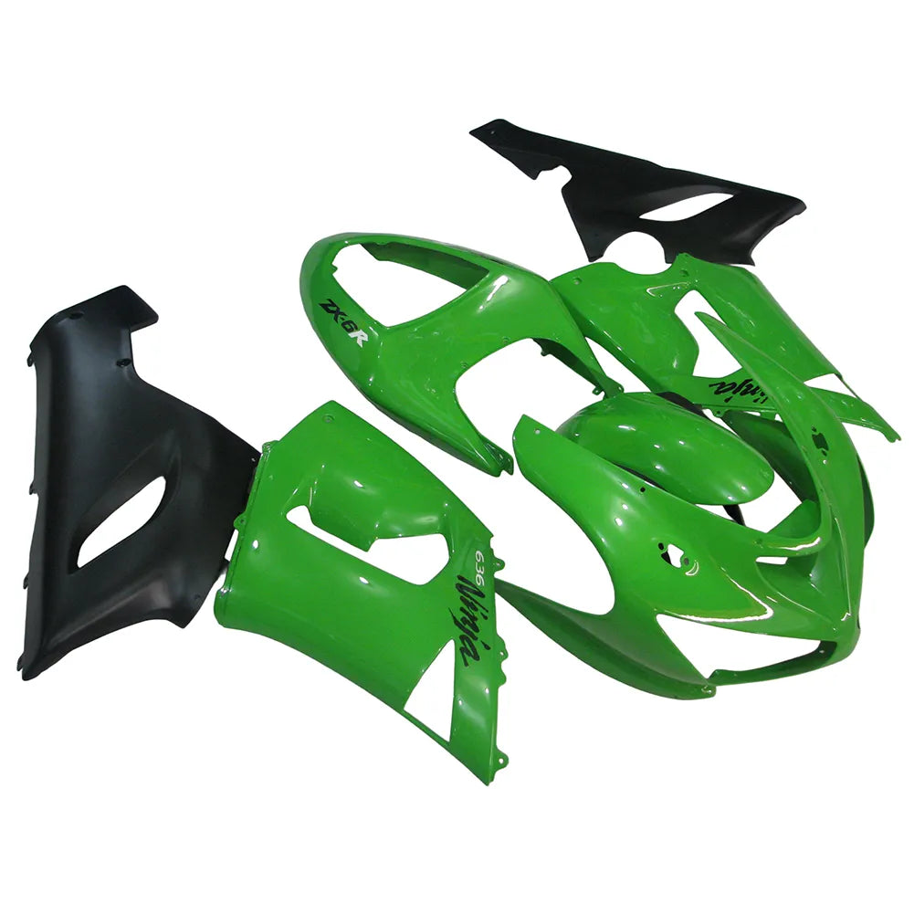 Kawasaki ZX-6R / 636 2005-2006 Matte Black and Green Lettered fairing kit left side view
