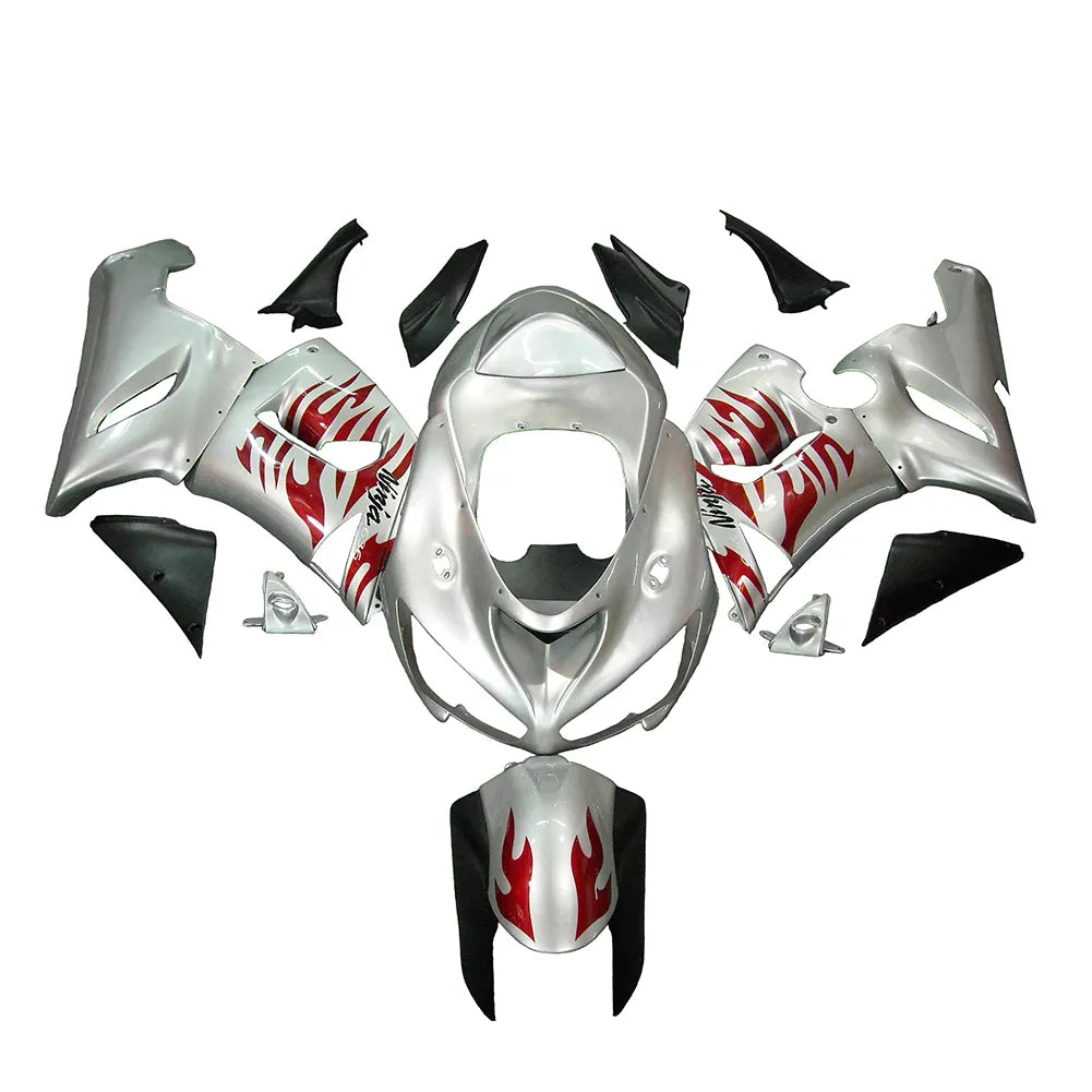 Kawasaki ZX-6R / 636 2005-2006 Red, Silver, and Flame Lettered fairing kit front view