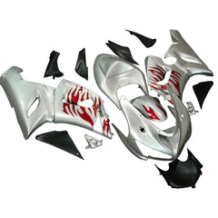 Kawasaki ZX-6R / 636 2005-2006 Red, Silver, and Flame Lettered tail section fairing side view