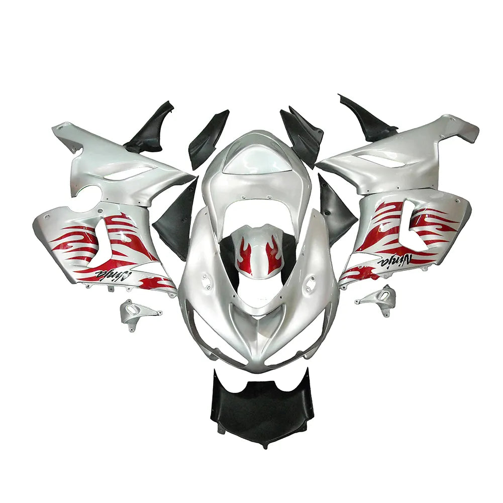 Kawasaki ZX-6R / 636 2005-2006 Red, Silver, and Flame Lettered tail section fairing rear view