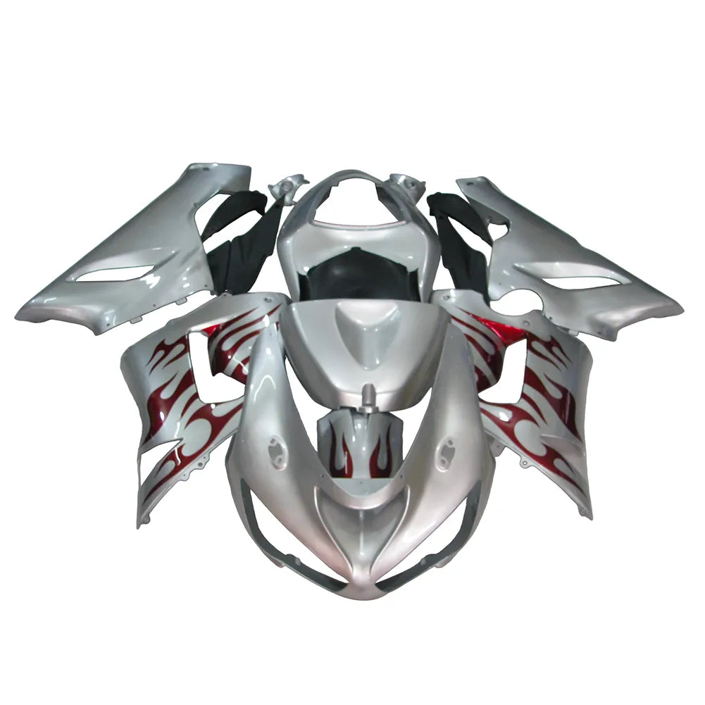 Kawasaki ZX-6R / 636 2005-2006 Red, Silver, and Flame Unlettered fairing kit front view