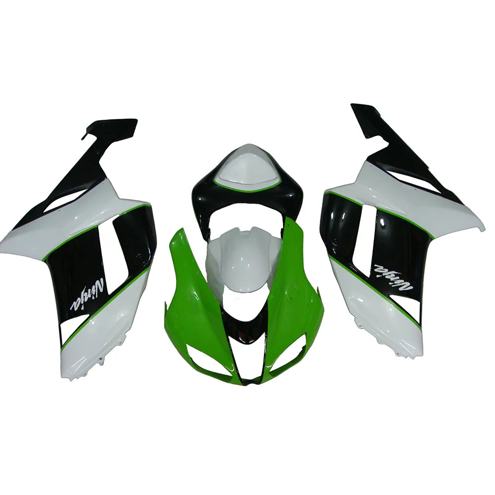 Kawasaki ZX-6R / 636 2007-2008 Green, White, and Black without Logos full fairing kit set view