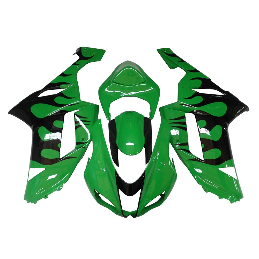 Kawasaki ZX-6R / 636 2007-2008 Green, Black, and Flame full fairing kit set view
