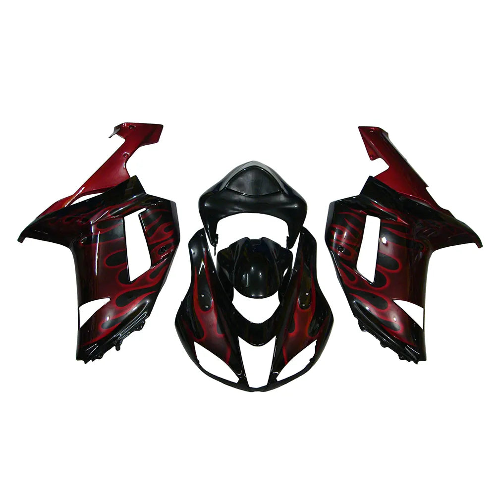 Kawasaki ZX-6R / 636 2007-2008 Black and Red Flame A without Logos full fairing kit set view
