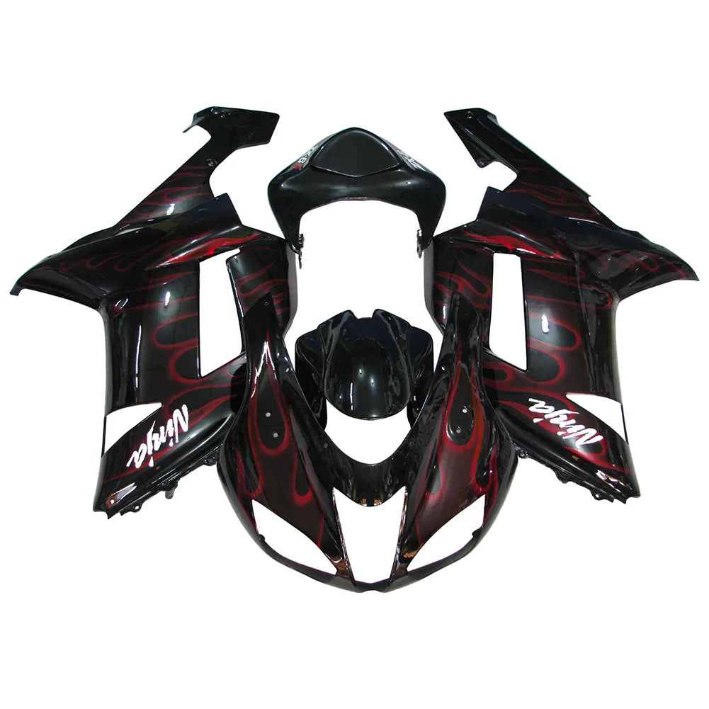 Kawasaki ZX-6R / 636 2007-2008 Black and Red Flame B without Logos fairing kit front view