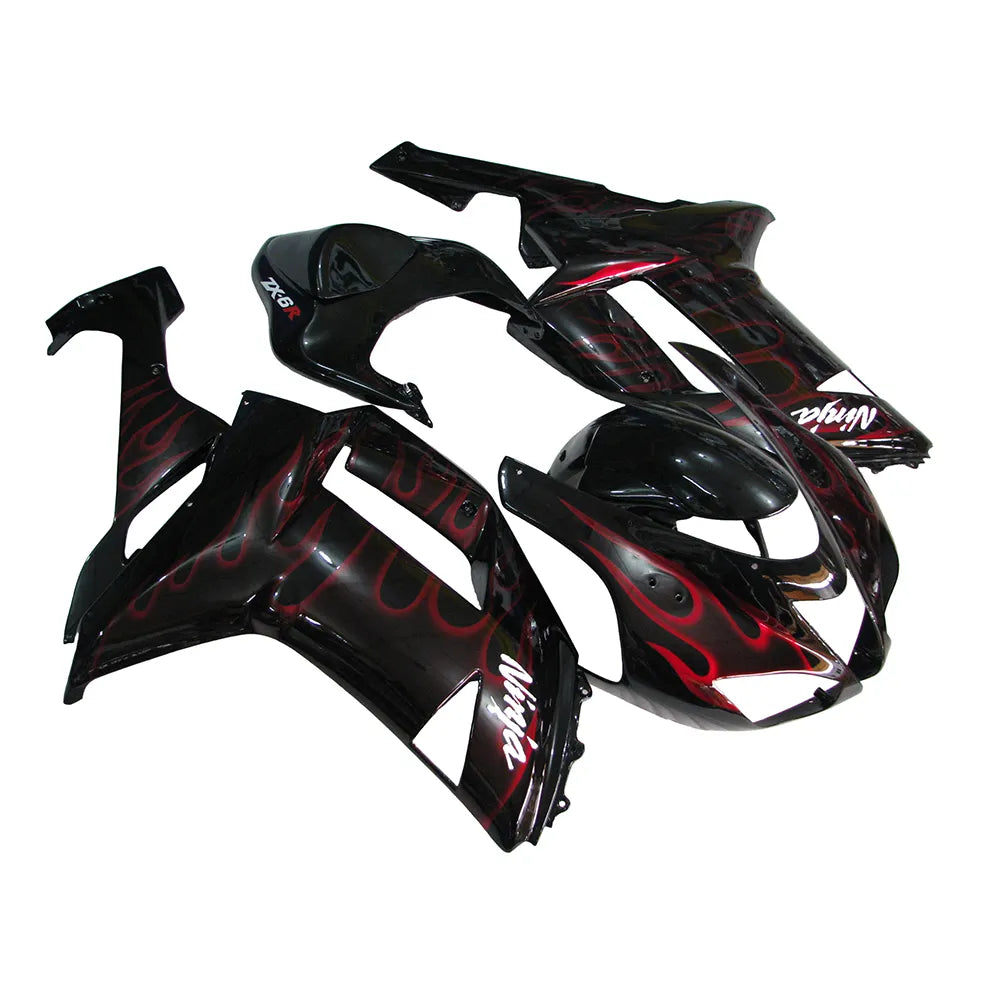 Kawasaki ZX-6R / 636 2007-2008 Black and Red Flame B without Logos fairing kit left side view
