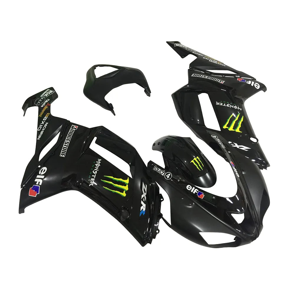 Kawasaki ZX-6R / 636 2007-2008 Black and Green Monster Edition without Logos fairing kit left side view