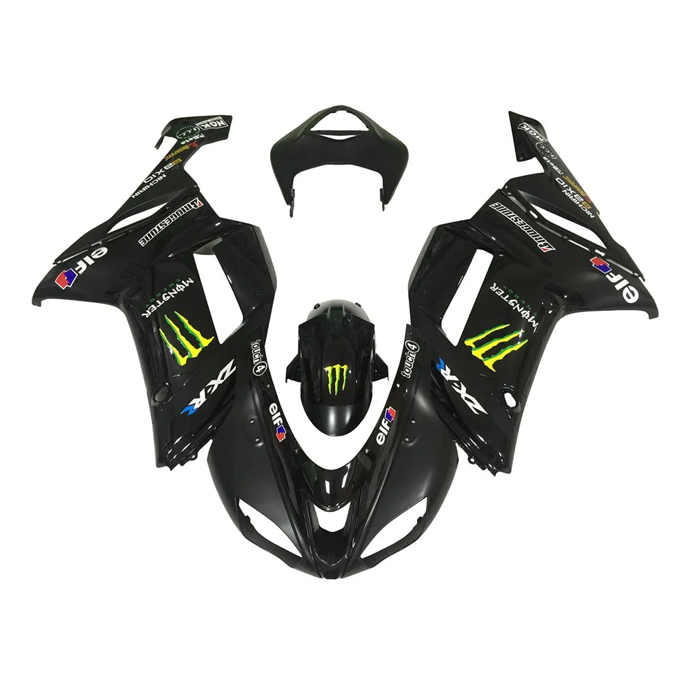 Kawasaki ZX-6R / 636 2007-2008 Black and Green Monster Edition without Logos fairing kit front view