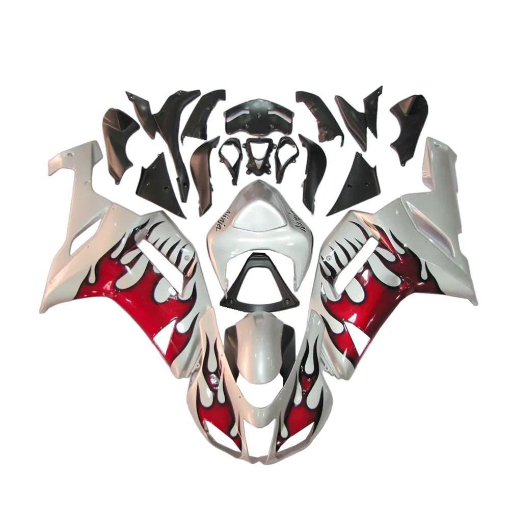 Kawasaki ZX-6R / 636 2007-2008 Silver, Red, and Flame full fairing kit set view