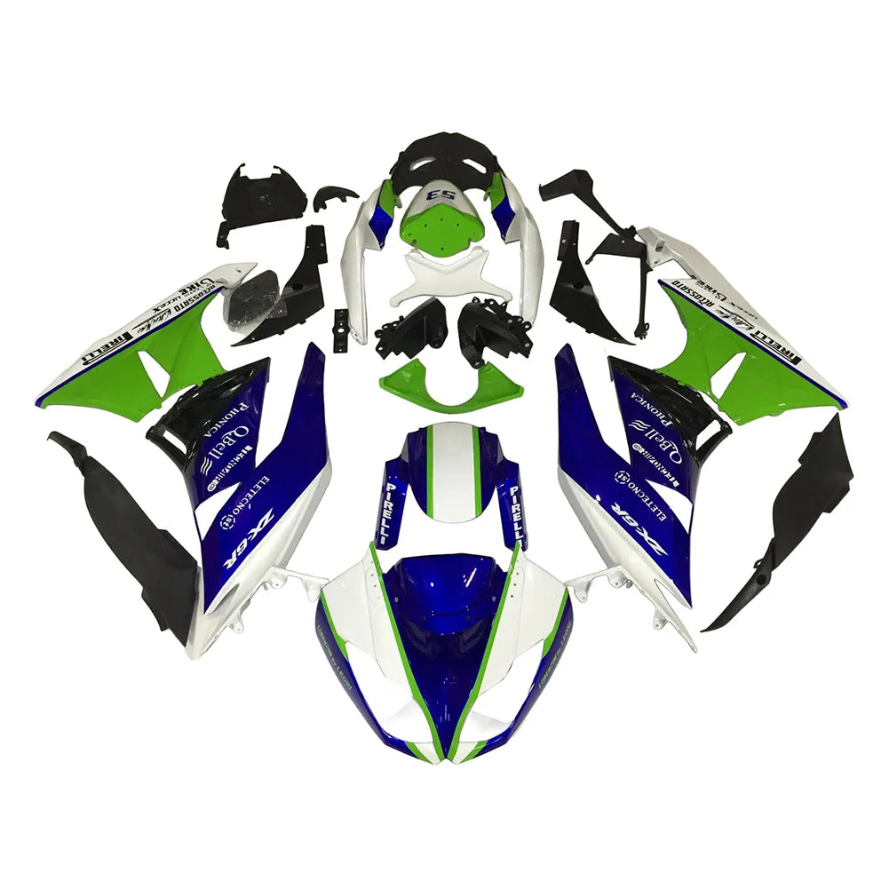 Kawasaki ZX-6R / 636 2009-2012 Green, White, Blue, and Black No 53 fairing kit front view