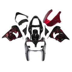 Kawasaki ZX-9R 2000-2001 Black Red Flame full fairing kit component layout without logos