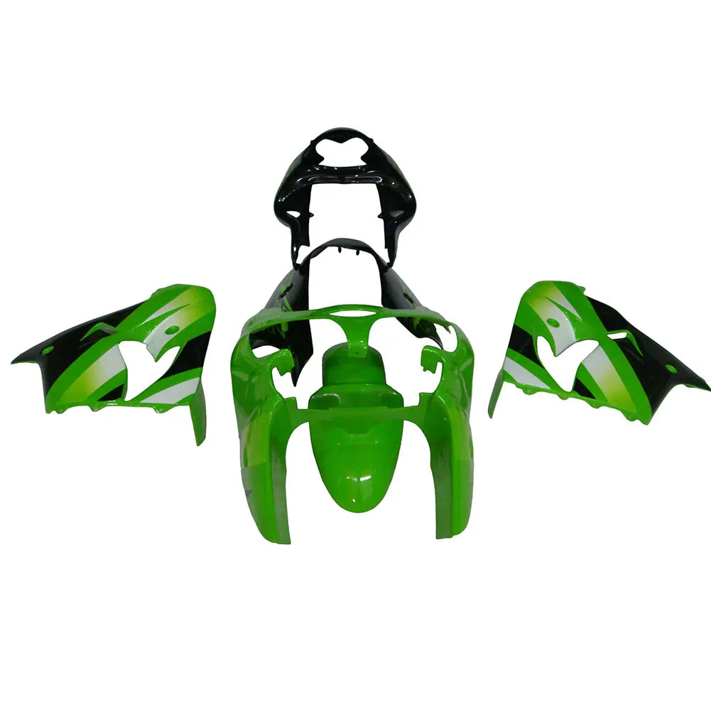Kawasaki ZX-9R 2000-2001 Green White Black full fairing kit component layout without logos