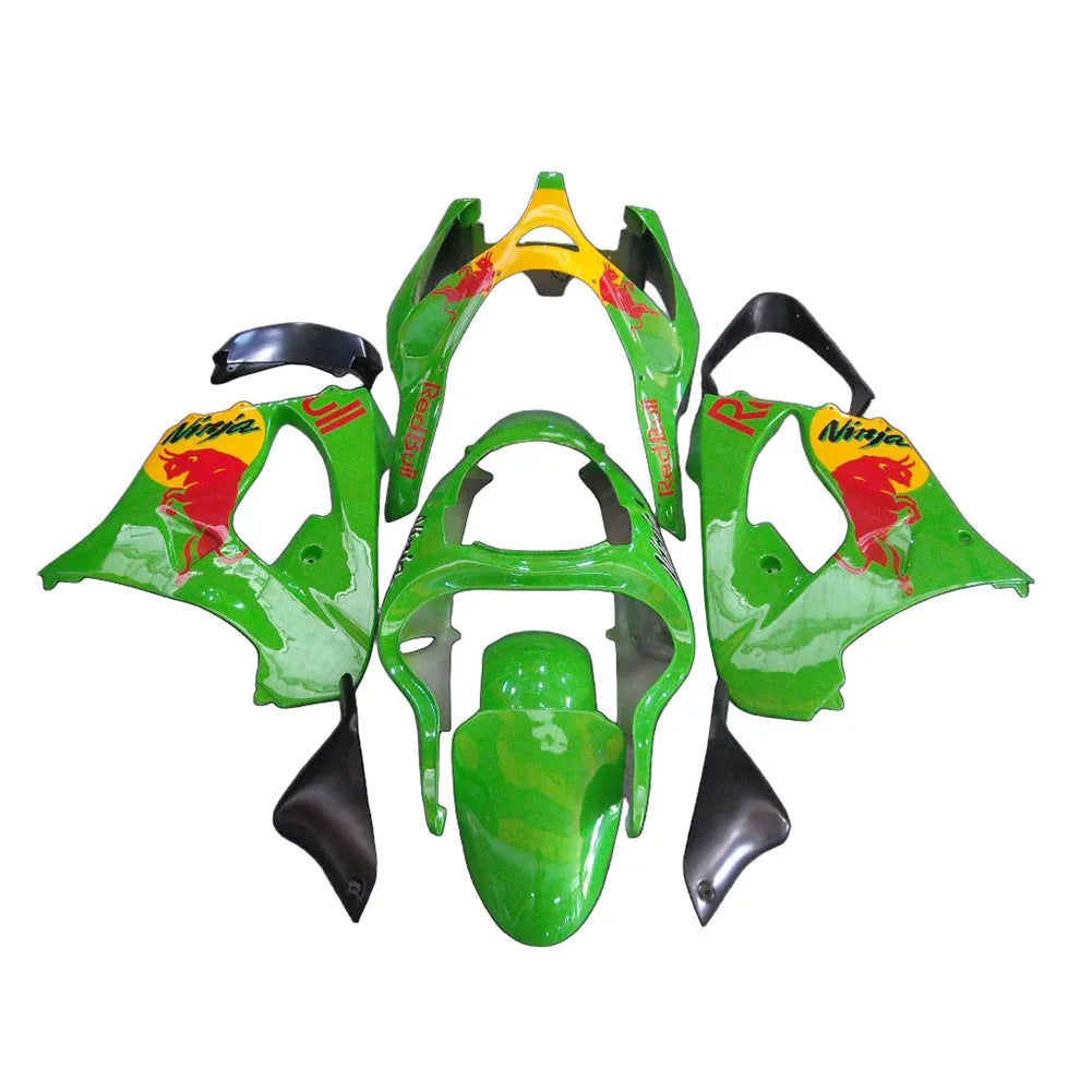 Kawasaki ZX-9R 2000-2001 Green Yellow Red Bull Edition full fairing kit component layout without logos