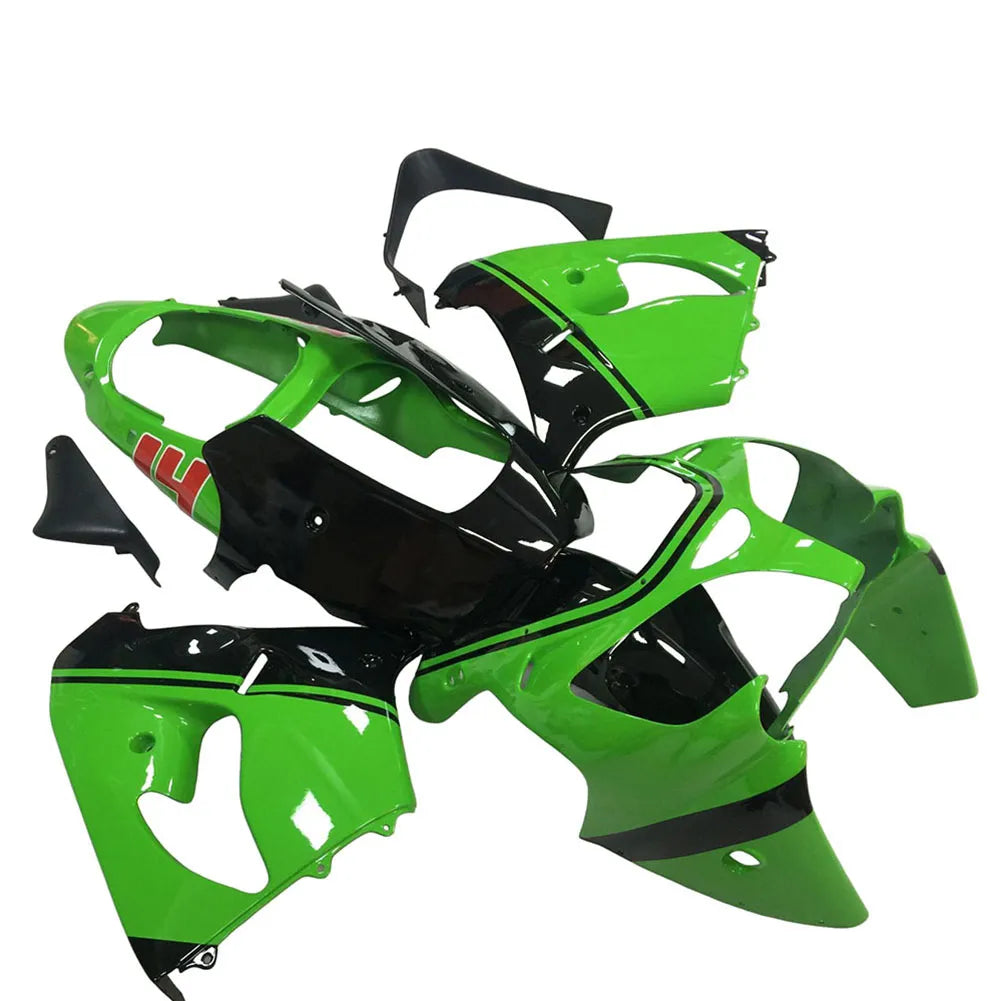 Kawasaki ZX-9R 2000-2001 Green Black No. 14 Edition full fairing kit component layout without logos