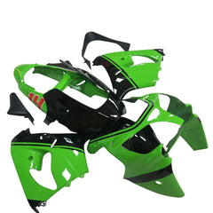 Kawasaki ZX-9R 2000-2001 Green Black No. 14 Edition full fairing kit component layout without logos