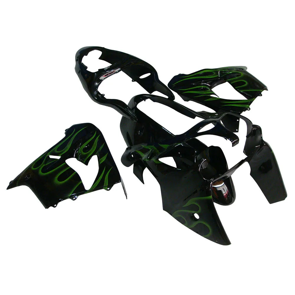 Kawasaki ZX-9R 2000-2001 Black Green Flame full fairing kit component layout without logos