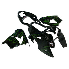 Kawasaki ZX-9R 2000-2001 Black Green Flame full fairing kit component layout without logos