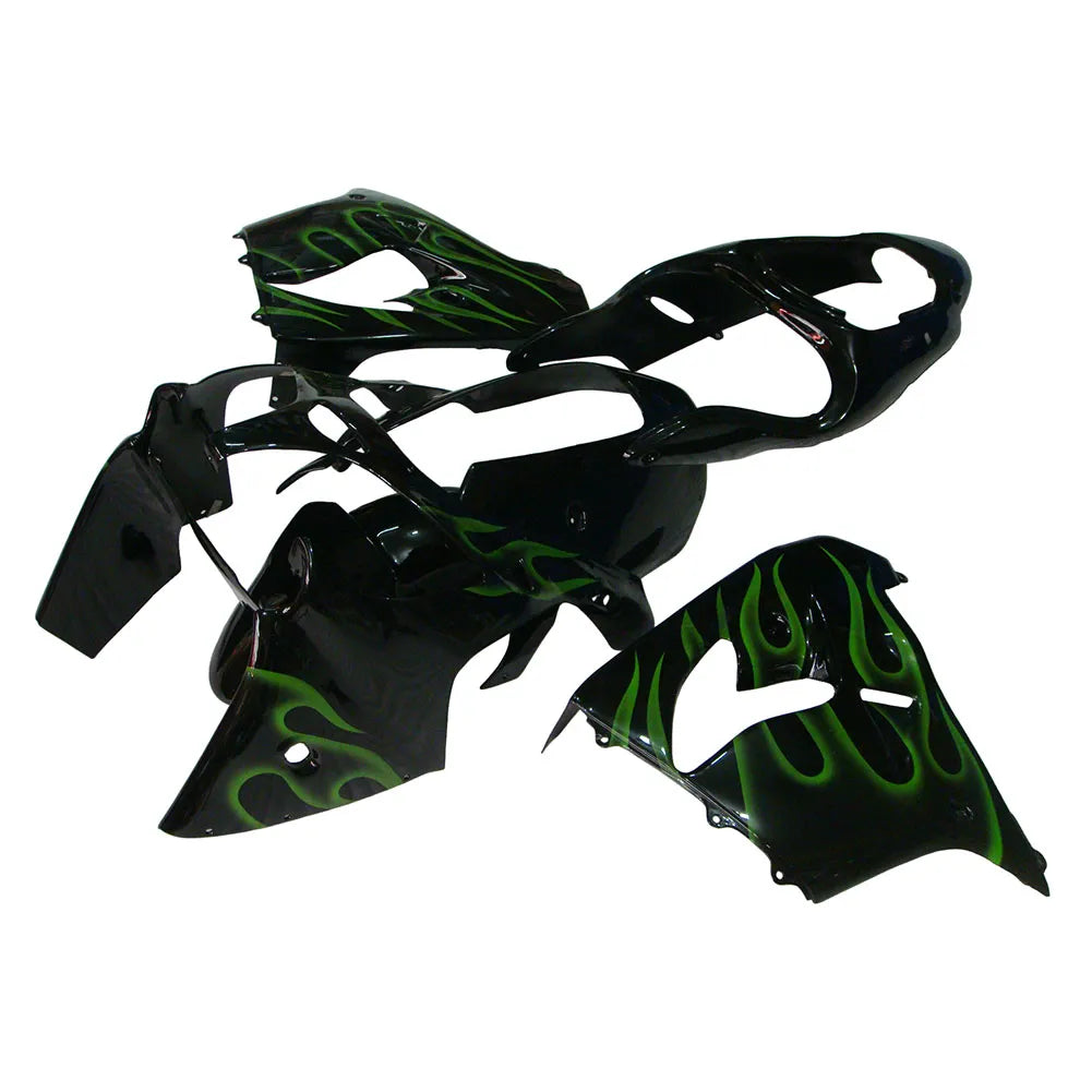 Kawasaki ZX-9R 2000-2001 Black Green Flame fairing kit side layout without logos-image 2