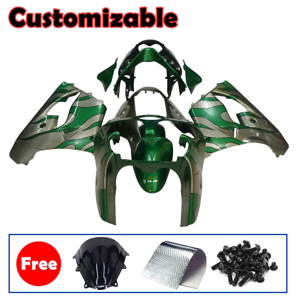 Kawasaki ZX-9R 2000-2001 Silver Pearl Green Flame full fairing kit with accessories without logos